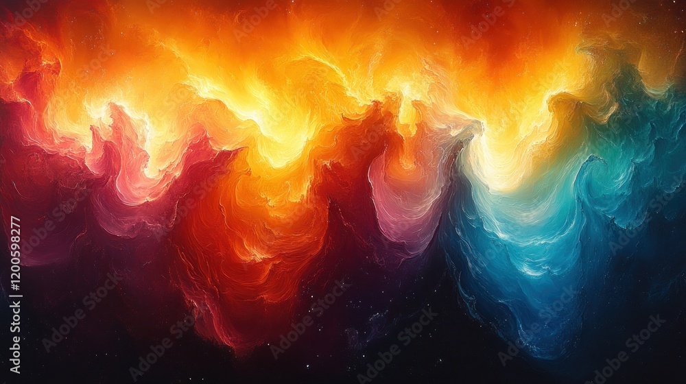 Poster vibrant abstract expressionist paint splash with dynamic fluid shapes and bright colors