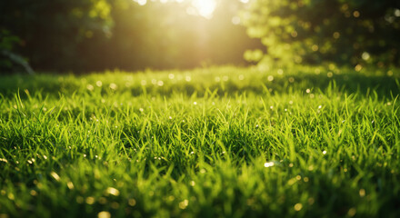 Naklejka premium Lush Green Grass Summer Sunlight Nature Background Meadow Field Plants Spring Lawn Greenery Eco