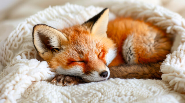 Sleepy red fox resting peacefully on a cozy blanket in a warm indoor setting