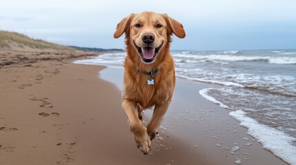 Passion and motivation excitement, A joyful golden retriever runs along the beach, enjoying the sand and surf under a cloudy sky.