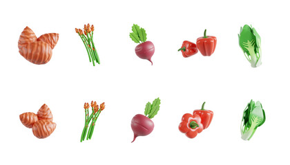 various vegetables, including shell pasta, asparagus, radishes, bell peppers, and lettucevarious vegetables. 3D Icon High Quality Render