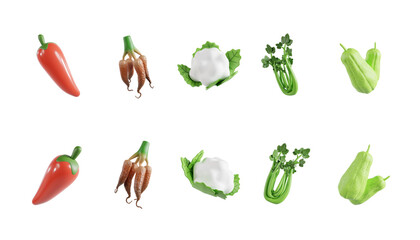 of various vegetables including chili, chickpeas, cauliflower, celery, and zucchini. 3D Icon High Quality Render