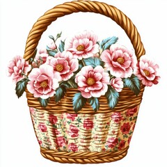 flower basket featuring colorful blooms in pink, yellow, blue, and purple with green leaves, cheerful and playful design. vibrant cartoon-style 