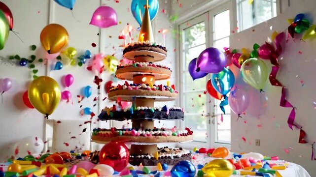 A joyful birthday celebration with confetti, colorful balloons, and a cake with candles, filling the space with joy and excitement.
