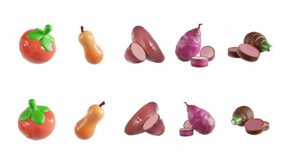 tomato, pear, purple yam, and a spiral vegetable. 3D Icon High Quality Render