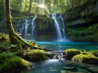 Sunlit Waterfall in Lush Green Forest