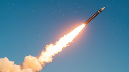 Passion and motivation excitement, A rocket launches into the sky, emitting bright flames and smoke against a clear blue backdrop, symbolizing technological advancement and exploration.
