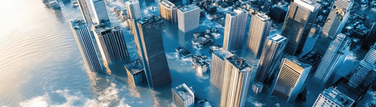 Flooded Cityscape at Dawn Skyscrapers Partially Submerged in Water