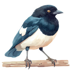 Fototapeta premium A detailed illustration of a magpie perched on a branch. The bird's plumage is a striking mix of black, white, and blue.