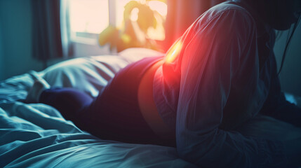 Close-Up of Back Highlighting Chronic Pain with Glowing Red Area, Lying on Bed in Soft Natural Light