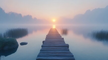 Misty sunrise pier, serene lake, peaceful dawn