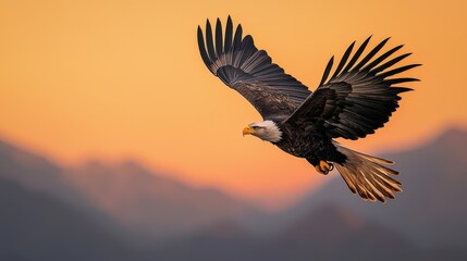 Fototapeta premium Passion and motivation excitement, A majestic eagle soars against a vibrant sunset, showcasing its impressive wingspan and powerful presence in the sky.