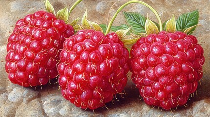 Three Juicy Raspberries on a Stone Surface