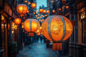 Obraz premium Vibrant Asian Lanterns Illuminating Historic Street During Dusk, Creating a Warm Ambience in an Enchanting Urban Setting