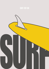 Minimalist surf-themed poster featuring a bold yellow surfboard fin and large black text "SURF." Modern and clean design perfect for beach, sports, and lifestyle branding.