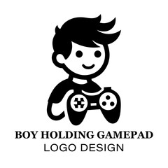 Minimalist Boy Holding Gamepad Logo Design for Gaming Brands, E-Sports Teams, and Video Game Enthusiasts Featuring Clean Black and White Style