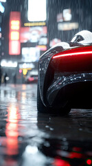Sleek car in rain soaked city with vibrant lights reflecting