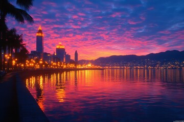 Fototapeta premium Serene Twilight in a Fjord City - Tranquil Urban Landscape with Vibrant Sky Reflections