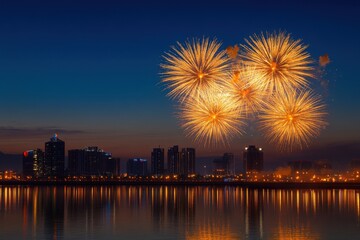 Fototapeta premium Golden Fireworks Illuminating the Serene Waterscape
