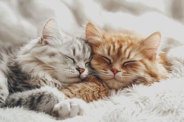 Fototapeta premium Two cats sleeping together on a soft white blanket cozy and peaceful feline companionship adorable cats napping together cute kittens resting on a plush fabric surface