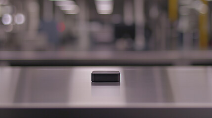 Intricate Semiconductor Chip on Polished Metallic Surface with Blurred Industrial Machinery, Signifying Global Export of High-Tech Components, f/2.0 Aperture Stock Photo