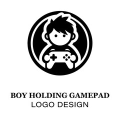 Minimalist Boy Holding Gamepad Logo Design for Gaming Brands, E-Sports Teams, and Video Game Enthusiasts Featuring Clean Black and White Style