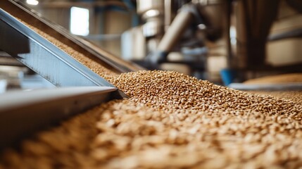 Grain flowing down conveyor belt in a factory.