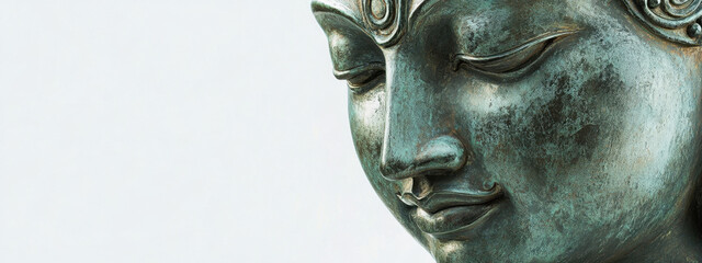 Serene close-up of a bronze Buddha statue head, highlighting its calm expression and intricate details against a pale background.