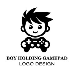 Minimalist Boy Holding Gamepad Logo Design for Gaming Brands, E-Sports Teams, and Video Game Enthusiasts Featuring Clean Black and White Style
