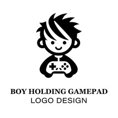 Minimalist Boy Holding Gamepad Logo Design for Gaming Brands, E-Sports Teams, and Video Game Enthusiasts Featuring Clean Black and White Style