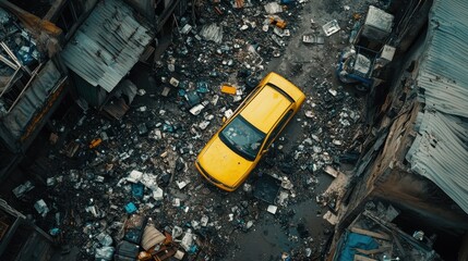 Aerial view of a yellow car amidst heavy urban waste and dilapidated buildings. Illustrates poverty, environmental issues, and urban decay.