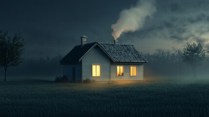 Cozy house glowing in night field fog.