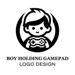Minimalist Boy Holding Gamepad Logo Design for Gaming Brands, E-Sports Teams, and Video Game Enthusiasts Featuring Clean Black and White Style
