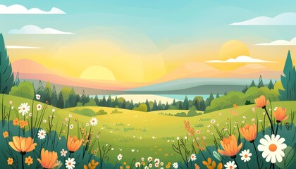 Naklejka premium A beautiful landscape with a field of flowers and a lake in the background.