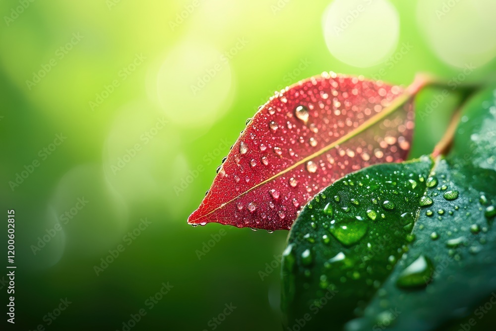 Sticker Red and green leaves covered in dew drops, bokeh background. Perfect for nature, spring, or environmental themes, evokes freshness and serenity.