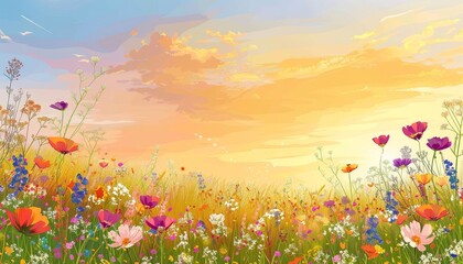 Fototapeta premium Colorful wildflowers in a field at sunset.