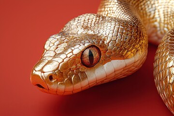 Fototapeta premium Lifelike Golden Snake Model with Intricate Scales and Glimmering Surface Set Against Red Background, Ideal for Nature and Wildlife Themed Visuals or Education Materials