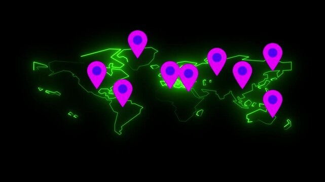 Abstract neon world map animation with location pointers.World map with blue location markers indicatingd wald maps location pop up animation 4k green screen
