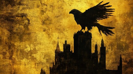 Fototapeta premium Dark Eagle Perched Atop Majestic Golden Castle