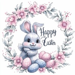 A gentle watercolor design featuring purple and green speckled eggs arranged in a wreath with "Happy Easter" text on a white background.