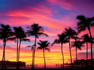 Obraz premium Serene Twilight in a Tropical City - Palm Trees, Cityscape, Evening Breeze, Urban Oasis, Dusk Setting, Tranquil Sunset, Palm Silhouette, Tropical Skyline