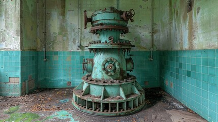 Rusty Relic: An Abandoned Industrial Machine in a Turquoise-Tiled Room