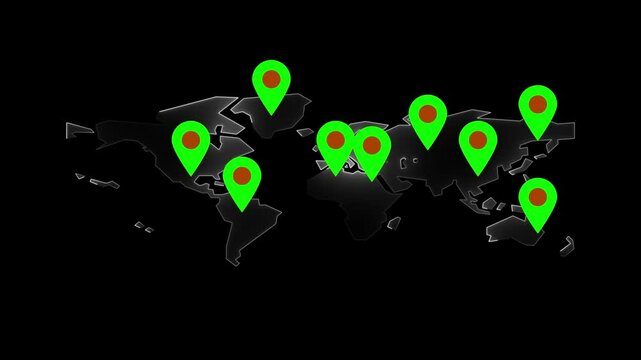 Abstract neon world map animation with location pointers.World map with blue location markers indicatingd wald maps location pop up animation 4k green screen