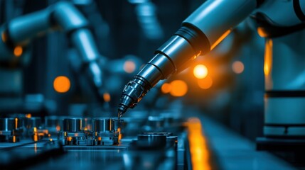 Fototapeta premium Precision in Motion: Industrial Robotic Arms Assembling Metal Components on Production Line under Soft Industrial Lighting