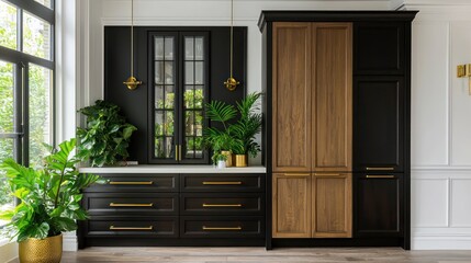 Elegant black and wood cabinets with brass accents in a modern kitchen