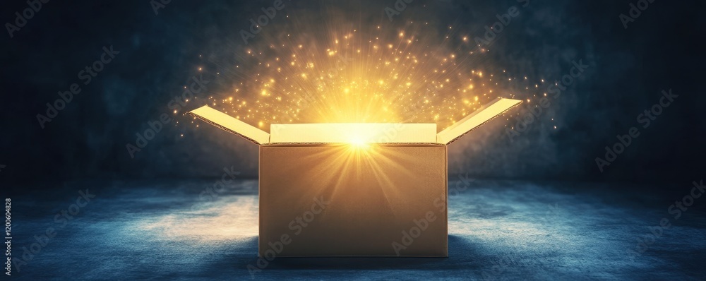 Poster unveiling the concept of magic illuminated box with sparkling light digital art studio environment e