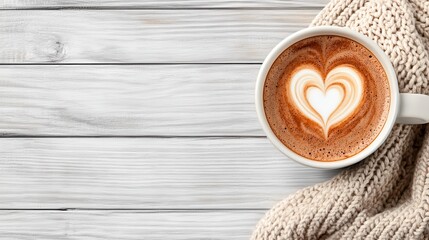 Warm Coffee Cup with Heart Latte Art and Cozy Knit Blanket