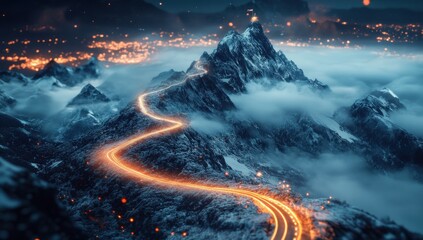 Naklejka premium Winding night road through snowy mountains scenic landscape concept of adventure and serenity
