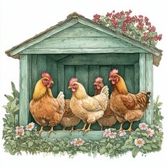 a rustic chicken coop with flowers and chickens, detailed watercolor clipart isolated on white background, farmhouse style, vintage