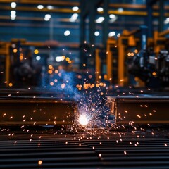 Obraz premium Illuminated Steel Welding Sparks in Industrial Factory Setting with Machinery Background
